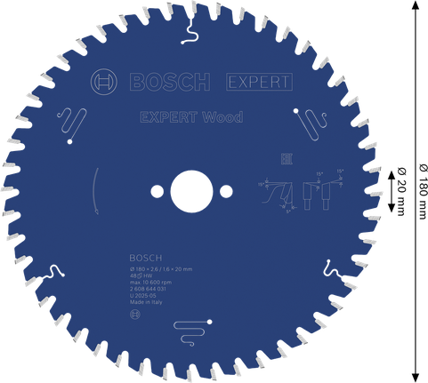 BoschEXPERT 木工圆锯片 180mm T48，用于木材切割。